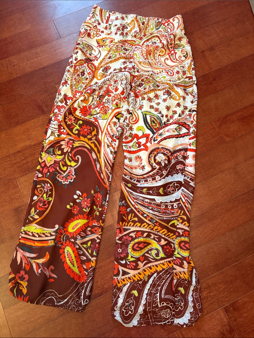Paisley Wide-Leg Lined Pants in Brown Multi Print Pockets and belt loops.